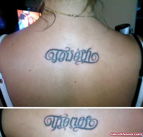 AMbigram tattoo On Back For Girls