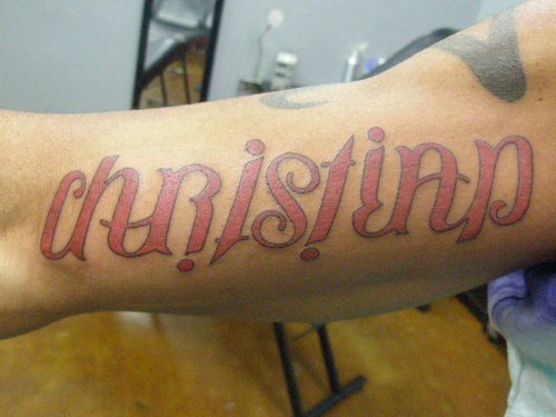 Red Ink Christian Ambigram Tattoo