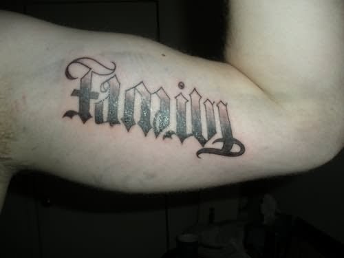 Family Ambigram Tattoo On Muscles