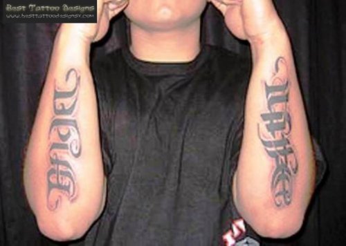 Angel Life Ambigram Tattoos On Arms