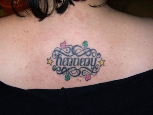 Hennery Ambigram Tattoo On Upperback