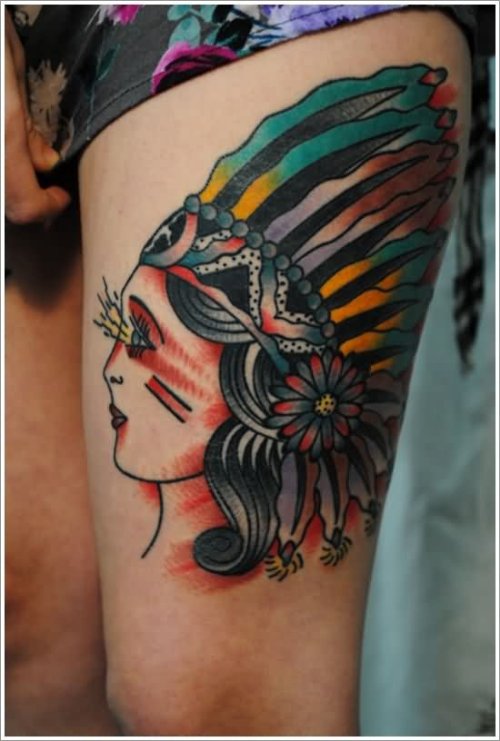 Left Thigh Color American Tattoo