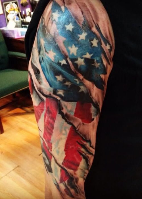 Color Ink American Flag Tattoo On Sleeve