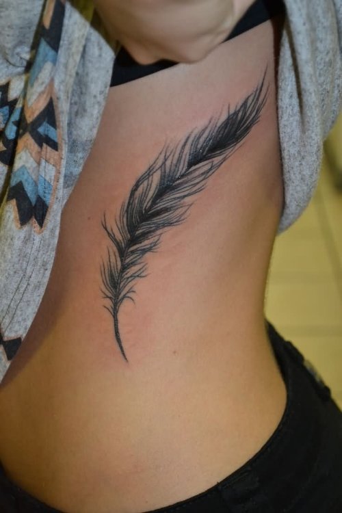 Left Rib Side Grey Ink Feather Tattoo