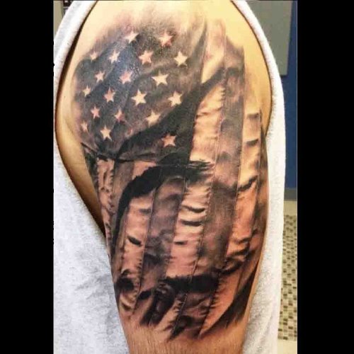 Left Shoulder Grey Ink American Flag Tattoo