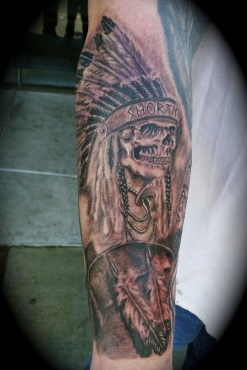 Grey Ink Native American Tattoo On Right Sleeve