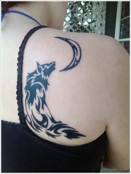 Tribal Moon and Wolf American Tattoos On Back Shoulder