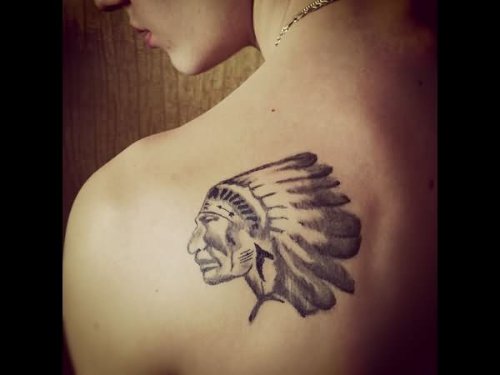 Left Back Shoulder Native American Head Tattoo