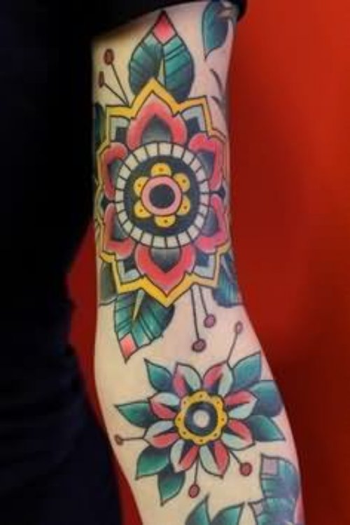 Traditional Color Flowers American Tattoo