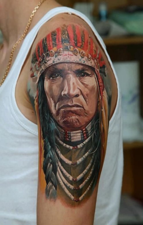 Color Ink Native American Tattoo On Left Half Sleeve