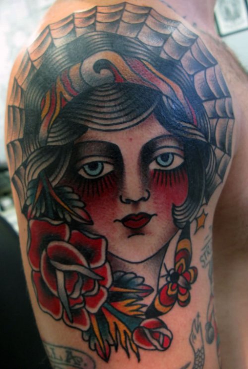 Traditional American Tattoo On Right Shoulder