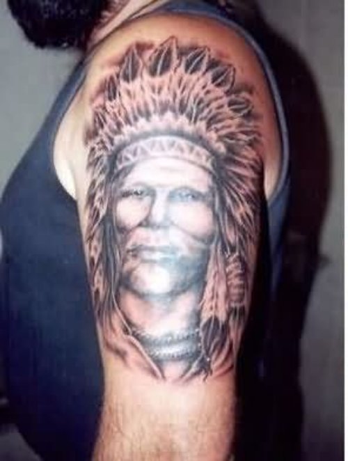 Grey Ink Left Half Sleeve Grey Ink Native American Tattoo