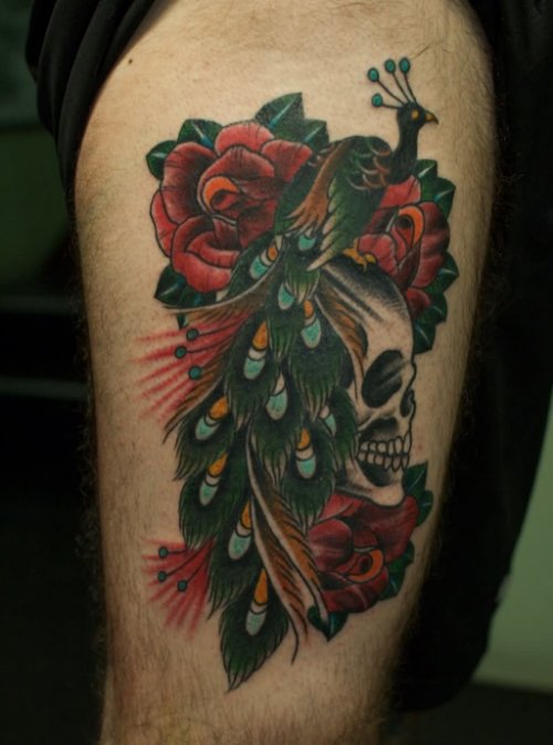 Red Rose Flowers And Skull Tattoo On Right Thigh