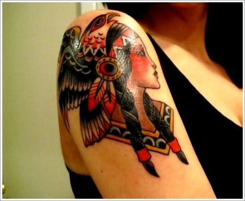 Right Shoulder Color Native American Girl Tattoo