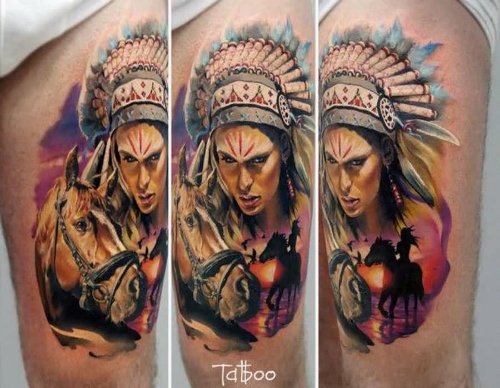 Color Ink Native American Girl Tattoo On Thigh