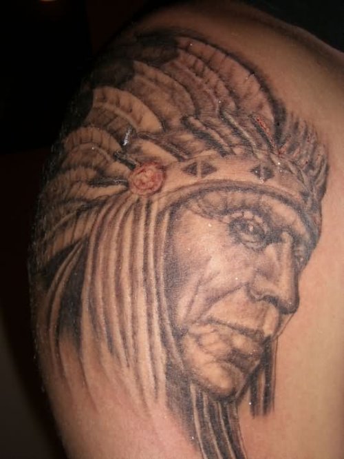 Realistic Grey Ink Native American Tattoo On Right Shoulder