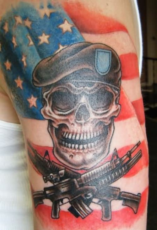 American Flag And Amry Skull And Weapons Tattoo
