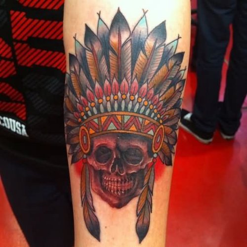 Colored Native Skull American Tattoo On Left Forearm
