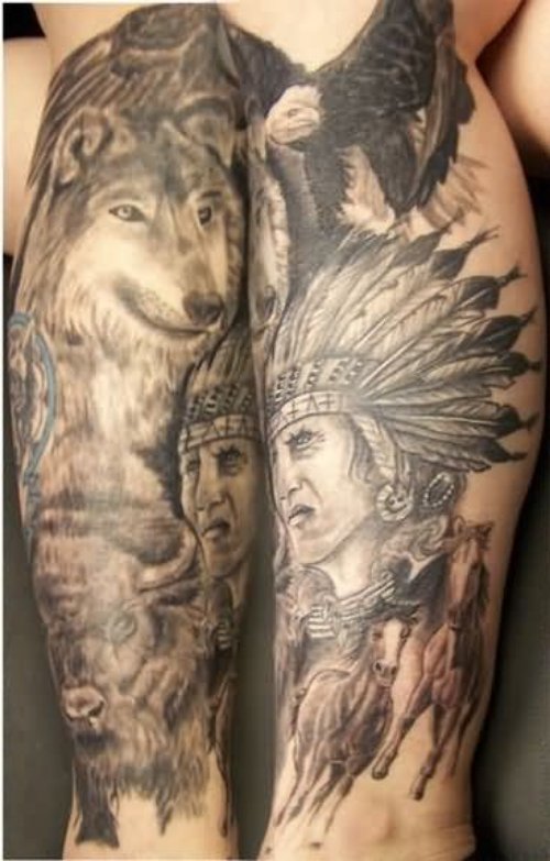 Grey Ink Native Americans Tattoos On Leg
