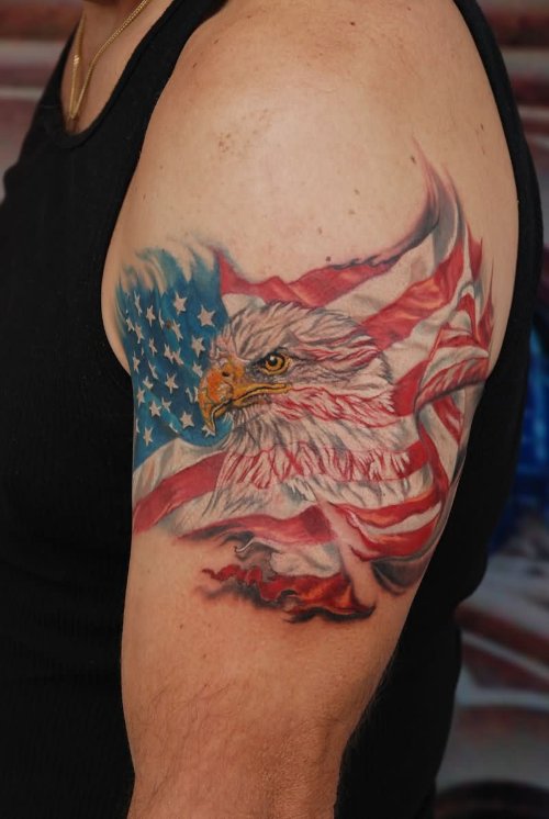 Left Bicep Color American Flag And Eagle Head Tattoo