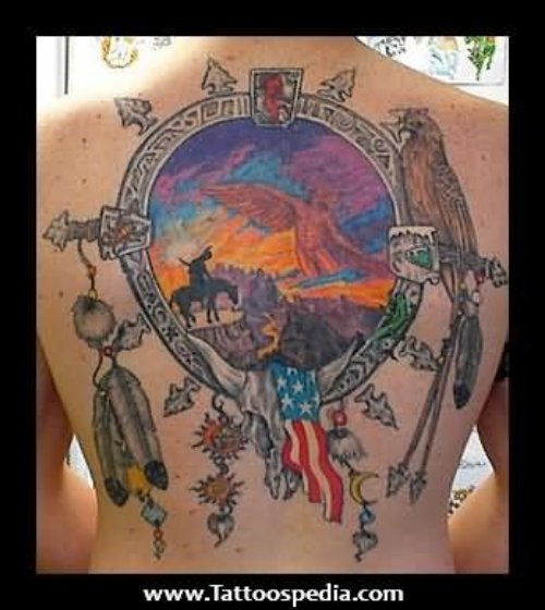 Colored Native American Tattoo On Back Body