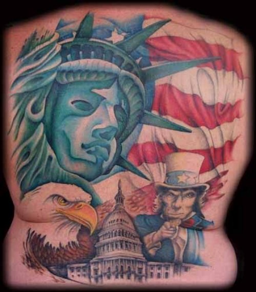 Colored American Flag And Statue Of Liberty American Tattoo