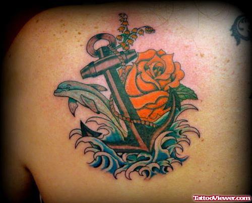 Rose Flower And Colored Anchor Tattoo