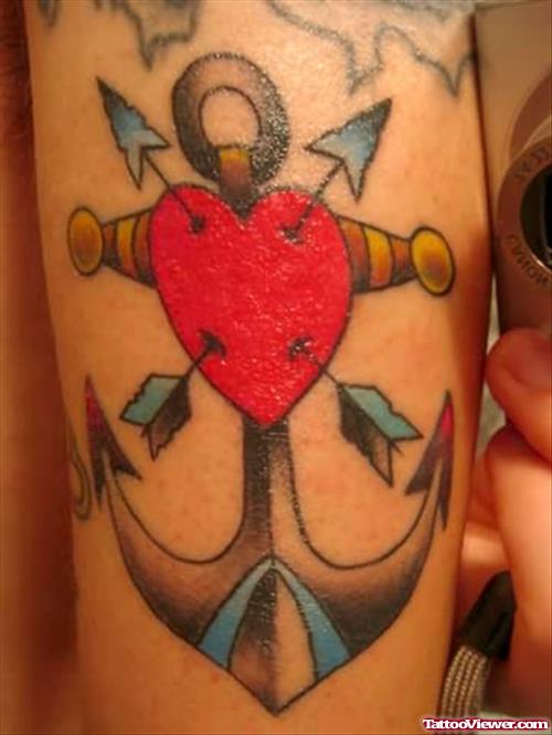 Red Heart With Arrows And Anchor Tattoo