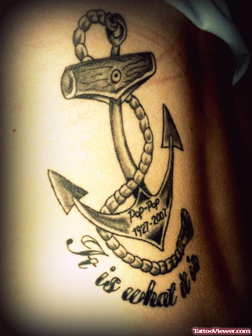 Grey Ink Anchor Tattoo On Back