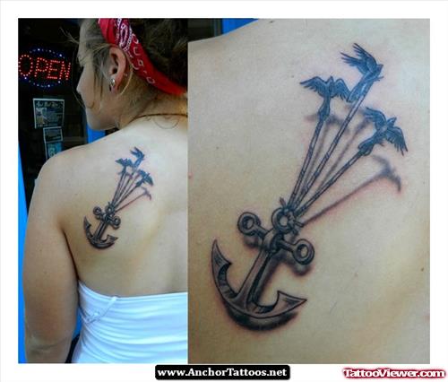 Flying Birds And Anchor Tattoo On Back Shoulder