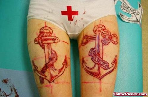 Red Ink Anchor Tattoos With Rope And Chain