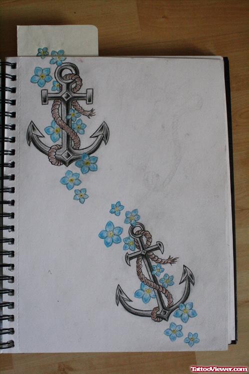 Blue Flowers And Anchor Tattoo Design