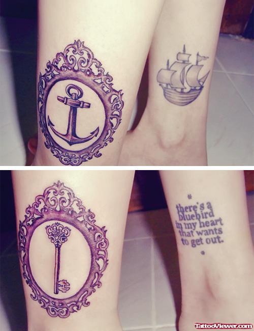 Key And Anchor Tattoo On Leg