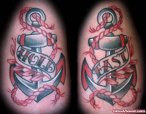 Grey Ink Anchor Tattoos And Hold Fast Banner