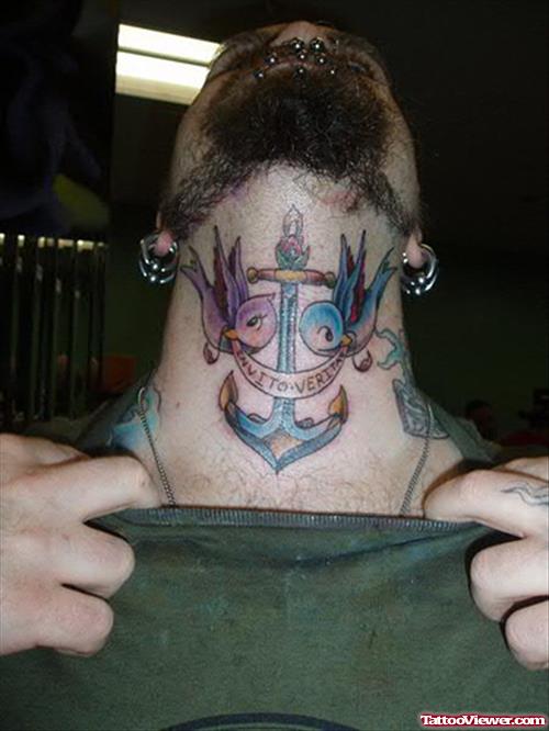 Flying Birds And Anchor Tattoo On Neck