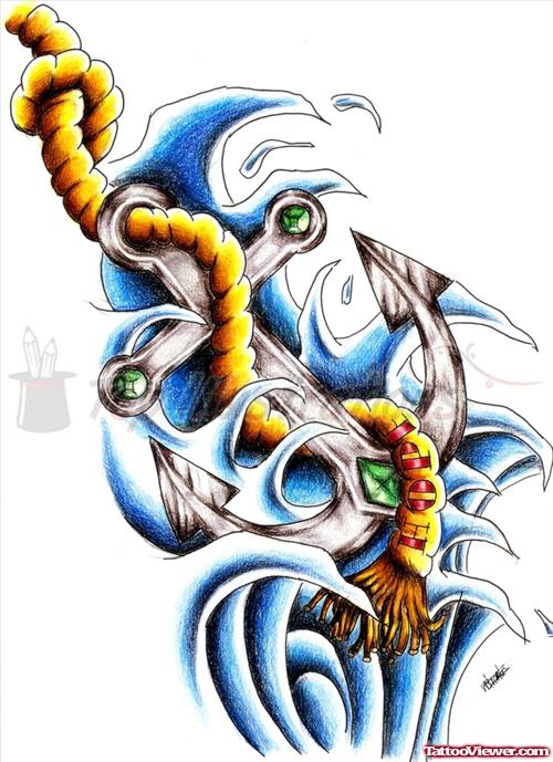 Colorful Anchor Tattoo Design With Hope Rope