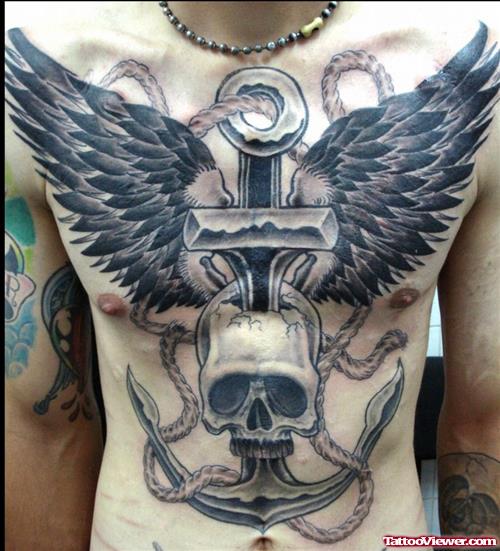 Winged Anchor With Skull Tattoo