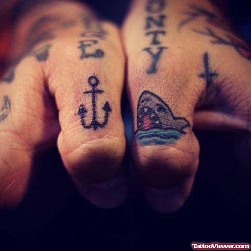 Shark Head And Anchor Tattoos On Thumbs