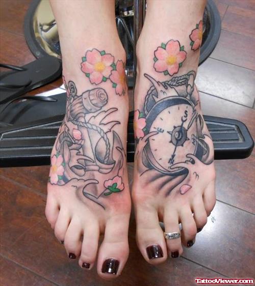 Compass And Anchor Tattoos On Feet With Flowers
