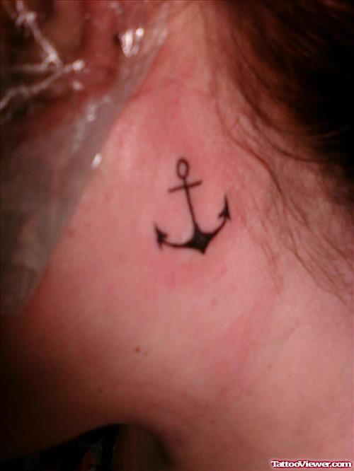 Small Black Anchor Tattoo Below Ear