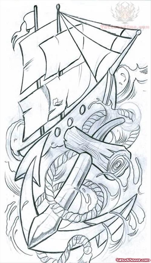 Ship And Anchor Tattoo Design