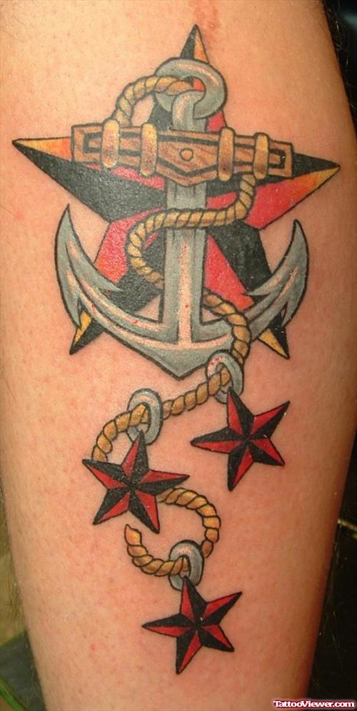 Red Nautical Stars And Anchor Tattoo