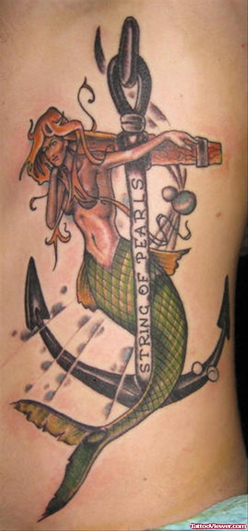 Mermaid And Anchor Tattoo On Side