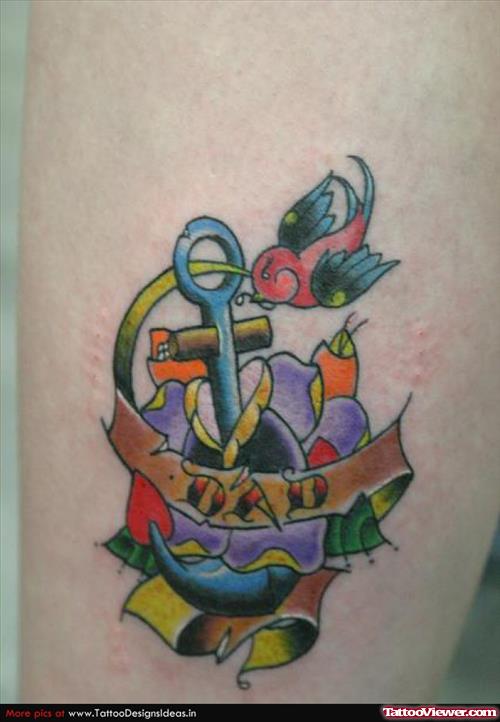 Colored Dad Banner And Anchor Tattoo
