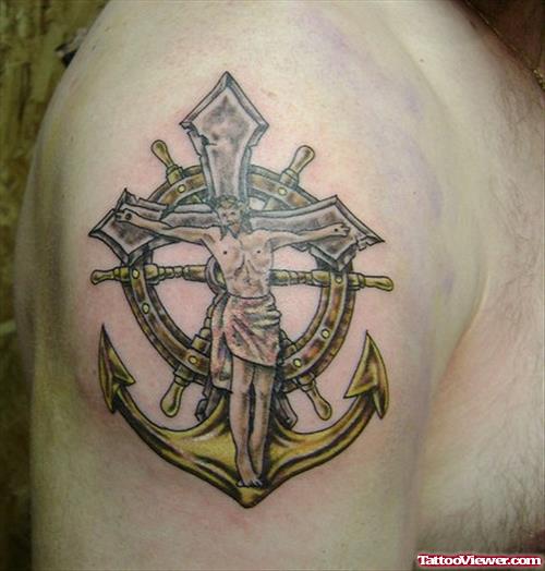 Jesus On Cross With Anchor Tattoo