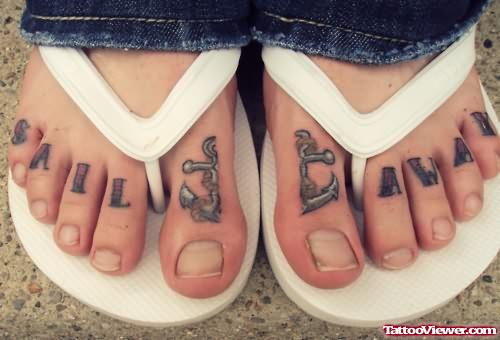 Grey Ink Anchor Tattoos On Both Toe