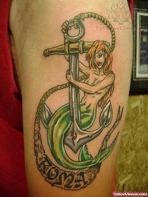 Anchor Tattoo With Mermaid And Rope