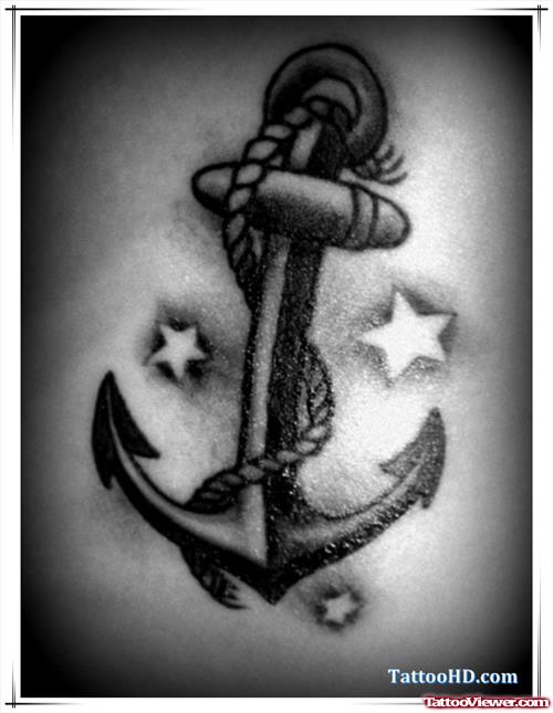 Grey Ink Anchor And Stars Tattoo