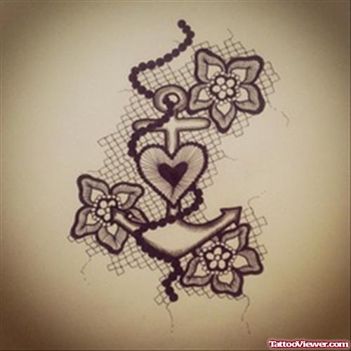 Flowers And Anchor Tattoo Design