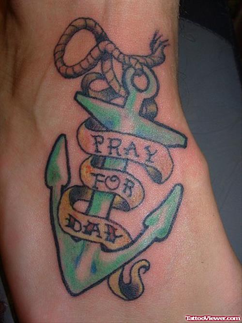 Pray For Day Banner And Anchor Tattoo